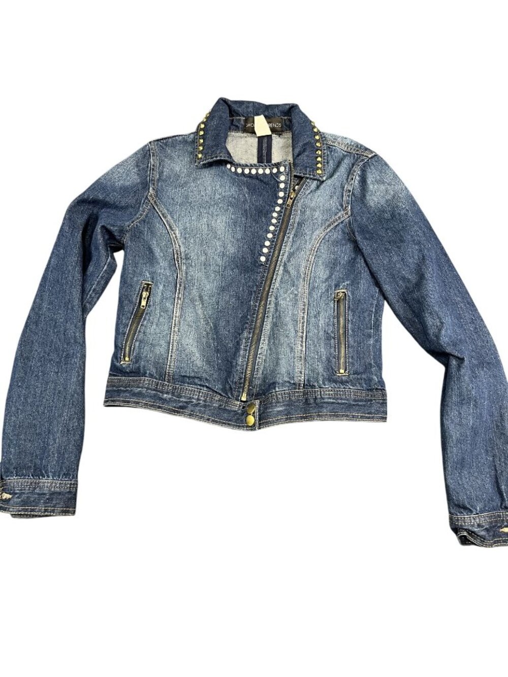 Shop The Trends Denim Jacket Womens Medium Juniors Studded Blue Asymmetrical Zip